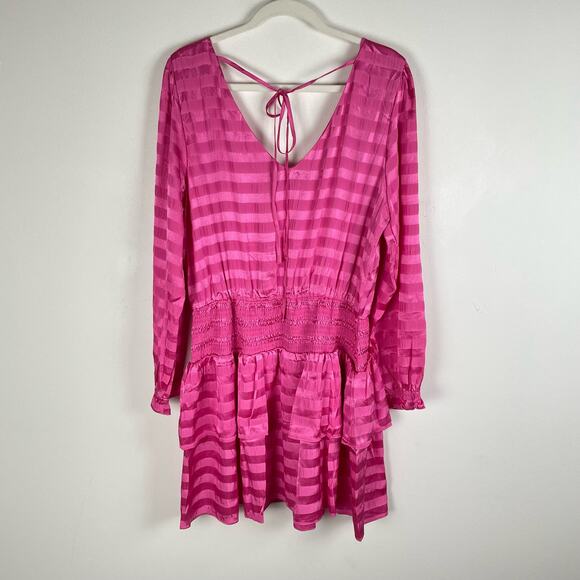 1.STATE Ruffle Tiered Long Sleeve Mini Dress Smocked Womens XL Pink Barbiecore - Picture 4 of 9